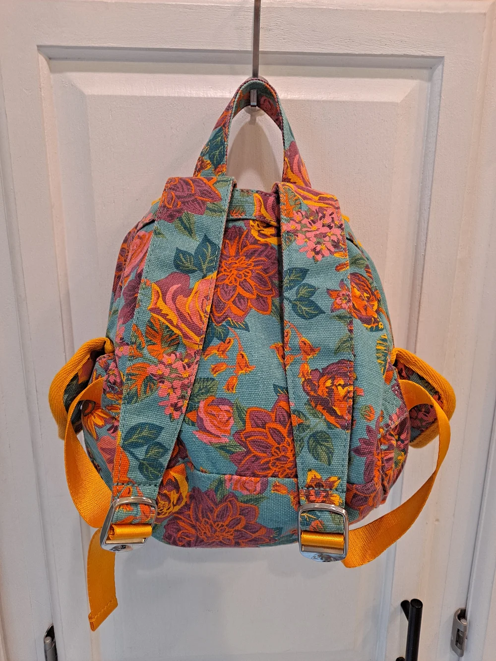 Matilda Jane Floral & Polka Dot Mini Backpack Pink Teal Yellow Book Ruffle Motif